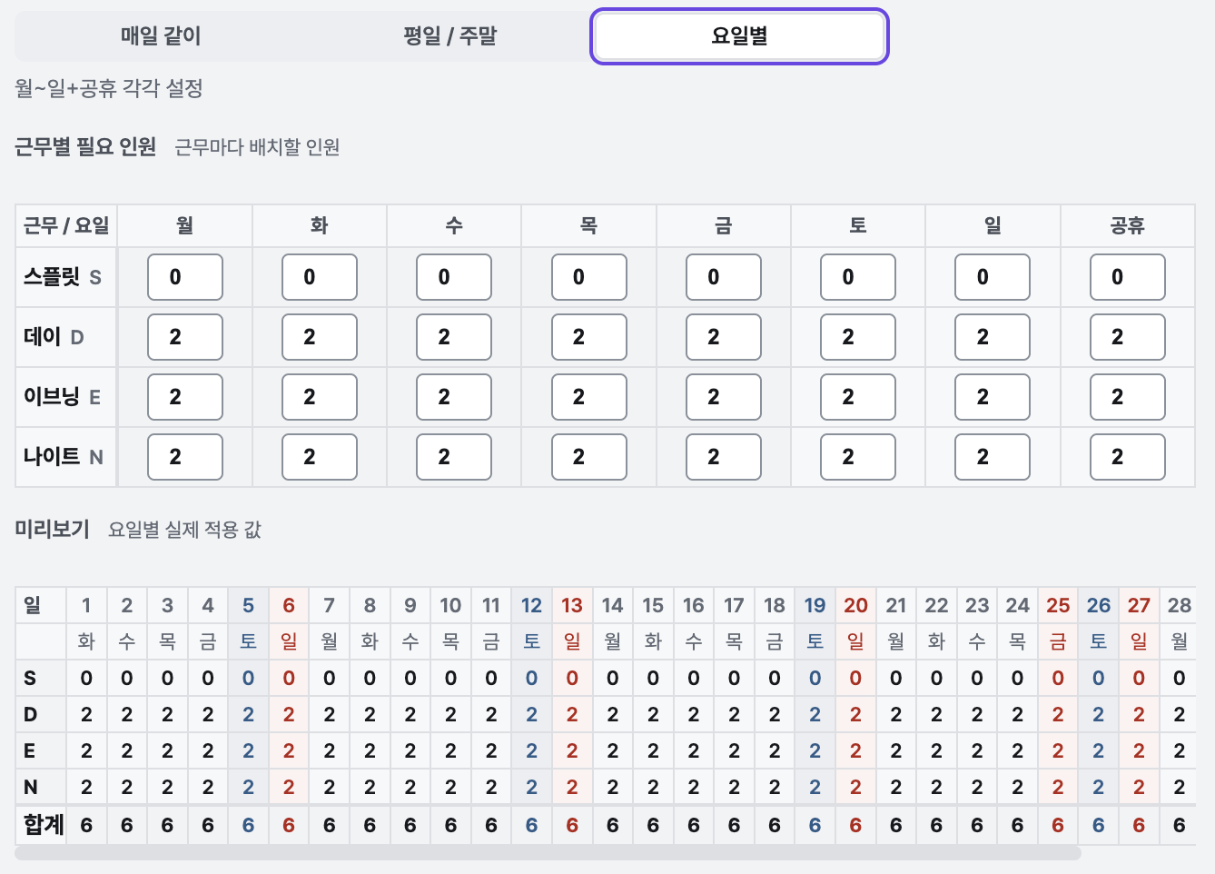 매일 같이 / 평일, 주말 / 요일별로 설정할 수 있습니다.