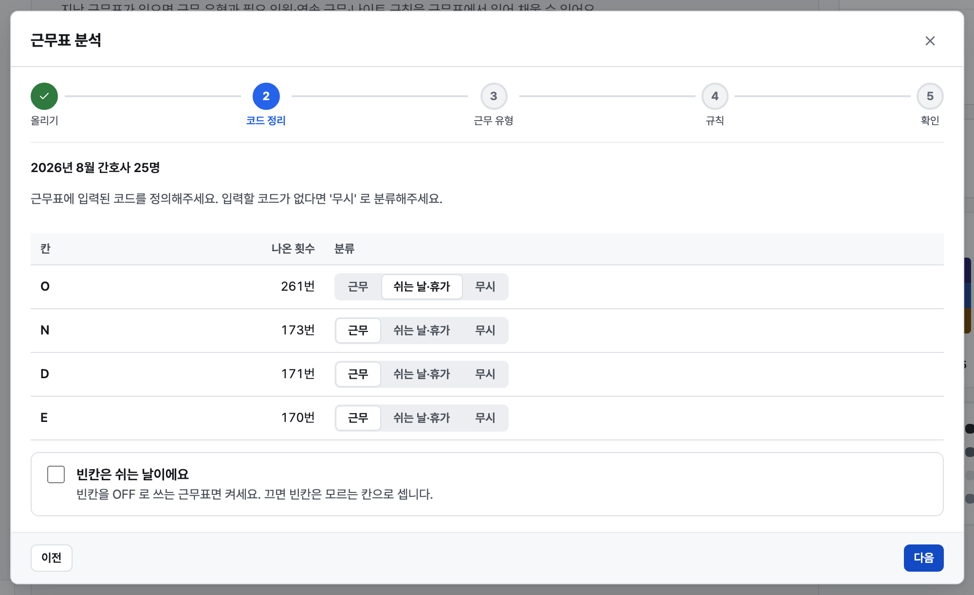 코드 정리 단계의 코드별 분류