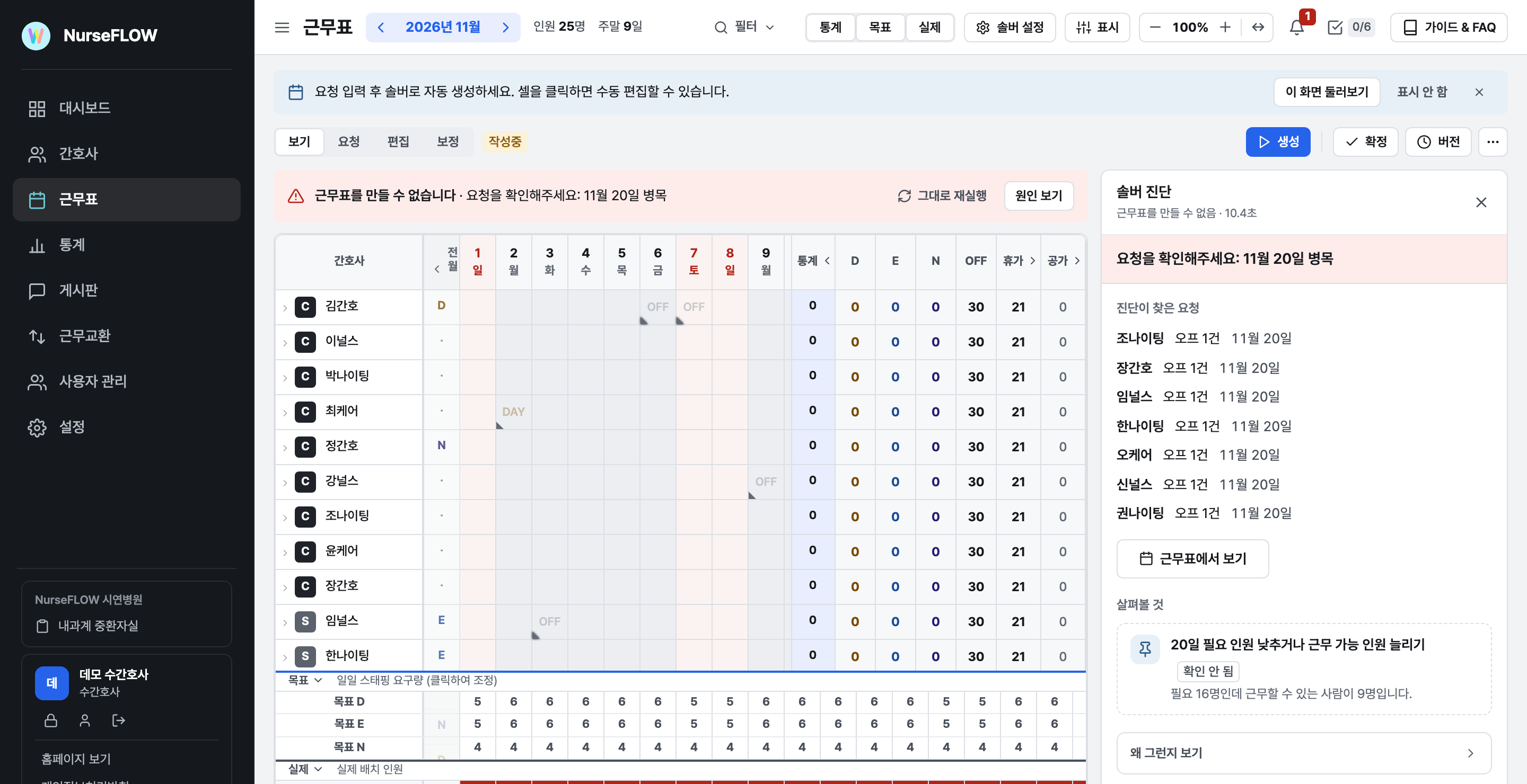 근무표를 만들 수 없음 띠와 솔버 진단 패널